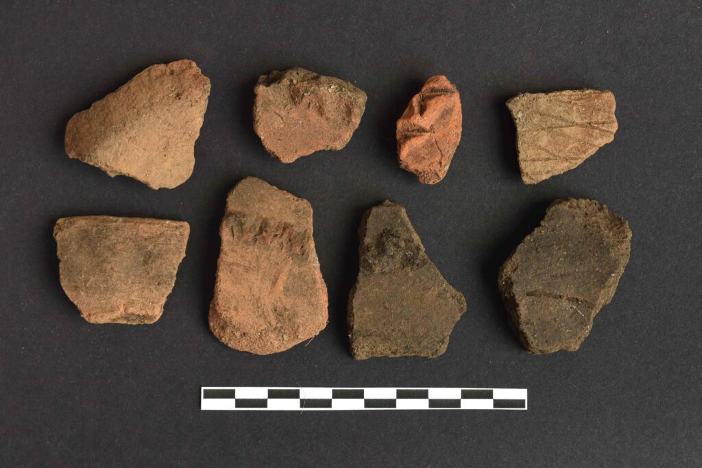 A selection of Iron Age pottery sherds with different types of decoration